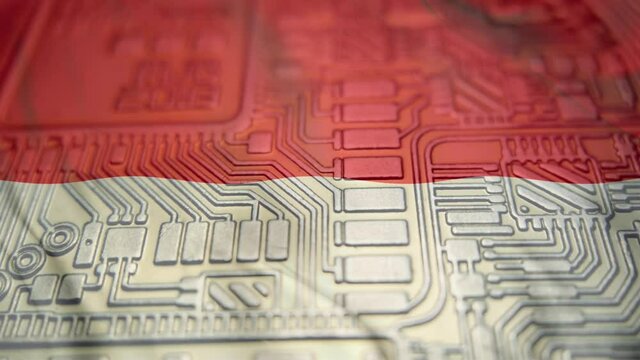 Republic of Indonesia flag with Bitcoin Crypto currency. Concept showing national regulations, laws and monetary policy regarding the adoption of Digital Cash