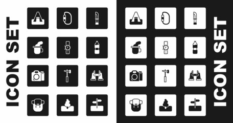 Set Knife, Wrist watch, Cup of tea, Tourist tent, Bottle water, Carabiner, Binoculars and Photo camera icon. Vector