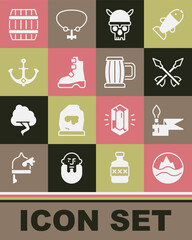 Set Sea and waves, Medieval spear, arrows, Skull with viking helmet, Ancient boots, Anchor, Wooden barrel and beer mug icon. Vector