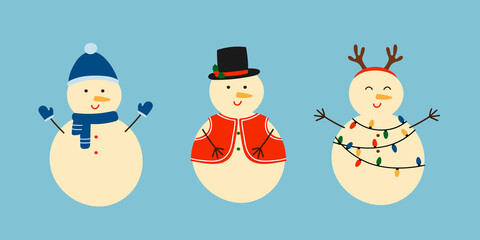 Set of cute hand drawn snowmans with different clothes and decoration. Christmas winter design element in doodle style. Isolated vector illustration