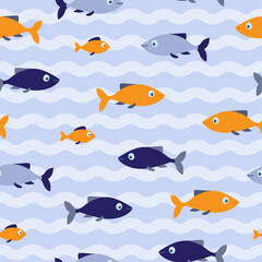 Blue and orange fishes seamless pattern on blue background with waves. Good for textile, paper, background, scrapbooking