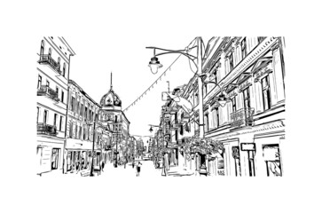 Building view with landmark of Lodz is the 
city in Poland. Hand drawn sketch illustration in vector.