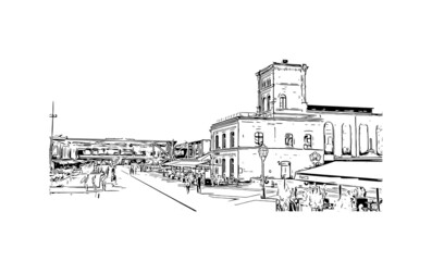 Building view with landmark of Lodz is the 
city in Poland. Hand drawn sketch illustration in vector.