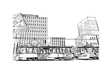 Building view with landmark of Lodz is the 
city in Poland. Hand drawn sketch illustration in vector.