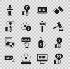 Set Hand holding auction paddle, Auction hammer, Online, jewelry sale, auctioneer sells and icon. Vector