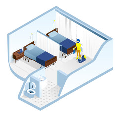 Isometric illustration of the room cleaning in the medical clinic