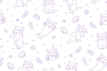 Monochrome seamless pattern with cute cats with VR devices in a virtual space