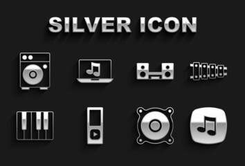 Set Music player, Xylophone, note, tone, Stereo speaker, synthesizer, Home stereo with two speakers, Guitar amplifier and Laptop music icon. Vector