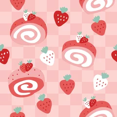 Schilderijen op glas Strawberry swiss roll cake cartoons pattern. sweet pink background. The seamless cute pattern in a girl or baby fashion, Fresh and juicy colorful strawberry in valentine. Vector design for fashion. © Choltita