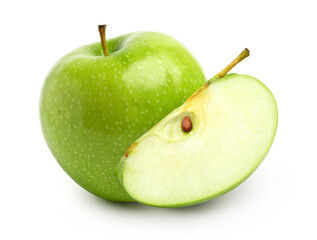 green apple fruit and slices isolated on white background, fresh green apple fruit..