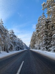 Road to the countryside in winter with forest on both sides