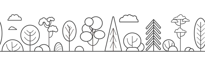 Different park tree seamless horizontal outlined banner.