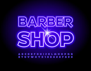 Fototapeta na wymiar Vector bright Banner Barber Shop. . Unique Neon Font. Glowing Alphabet Letters and Numbers set