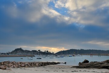 Beautiful view on the Trebeurden harbor at sunset. Brittany France