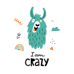 Funny llama or alpaca face poster with cute lettering in hand drawn style. Perfect for t-shirt, apparel, cards, poster, nursery decoration. Isolated on white background vector illustration
