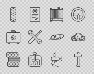Set line Car tire wheel, Hammer, radiator cooling system, Gear shifter, Screwdriver and wrench spanner, Paint spray gun and Speedometer icon. Vector