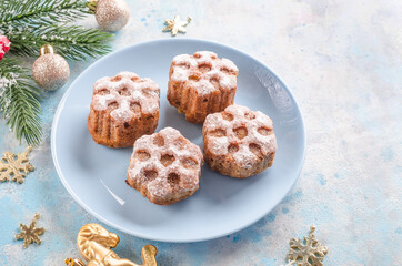 Christmas festive baked goods on blue background close-up
