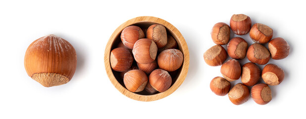 hazel nut healthy ingredient organic raw closeup ,wood blow hazelnut on white isolated