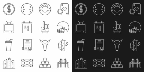 Set line Golden gate bridge, Cactus, American football helmet, Donut, Calendar with date July 4, Retro tv, Coin money dollar and Number 1 fan hand glove icon. Vector
