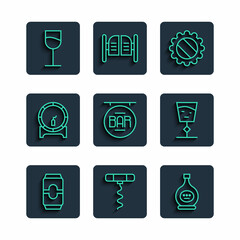 Set line Beer can, Wine corkscrew, Bottle of cognac brandy, cap, Street signboard with Bar, Wooden barrel on rack, glass and icon. Vector