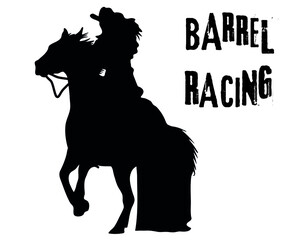 Black and white vector flat illustration: Barrel racing western horse and rider silhouette	