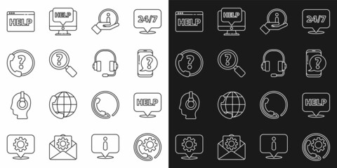 Set line Telephone 24 hours support, Speech bubble with text Help, Mobile question, Information, Unknown search, Browser help and Headphones icon. Vector