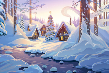 Winter fairy tale landscape, with houses and festive christmas fir tree, in a winter snowy forest. Raster illustration.