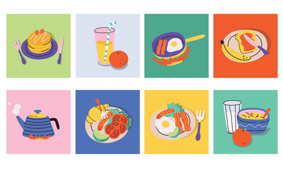 Big set of different types of breakfast. Various  tasty food and drinks. Vector colorful funny cartoon style illustration.