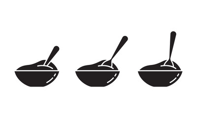 Bowl of puree food and stuck spoon, silhouette icons set. Black simple vector of porridge, cereal, mash, sour cream or yogurt. Contour isolated pictogram on white background
