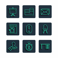 Set line Hand for search a people, Time is money, Office desk, Envelope, Computer mouse, Coffee machine, Chalkboard with diagram and chair icon. Vector