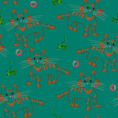 Seamless pattern, red cats. Imitation of a child's drawing