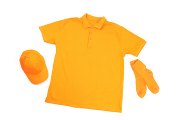 Blank t-shirt, cap and socks isolated on white background