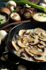 Concept of tasty food with mushroom sauce, close up