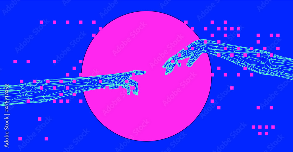 Poster vector low poly 3d model of hands going to touch together, reminiscent of michelangelo's artwork. co