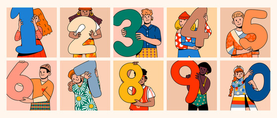 Boys and Girls holding numbers. Set of happy joyful people showing big numbers. Education, birhtday, celebrating achievements concept. Cartoon comic style. Hand drawn modern Vector illustration - obrazy, fototapety, plakaty