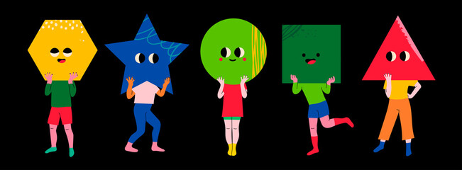 Fototapeta premium Playful people holding geometric shapes with faces instead of heads. Big colorful heads with various Emotions. Different mood concept. Hand drawn Vector illustration. Every person is isolated