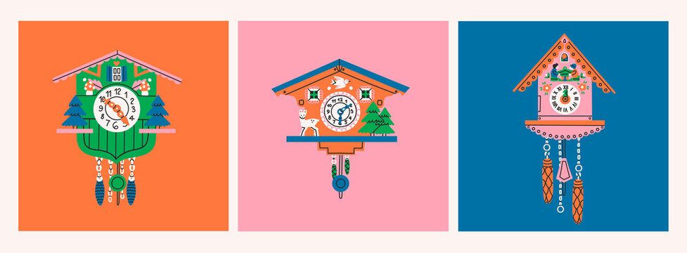 Set of three Cuckoo Clocks. Decorative wooden clock. Bright colors. Antique german wall watch. Hand drawn colorful modern Vector Illustrations. Cartoon style, flat design