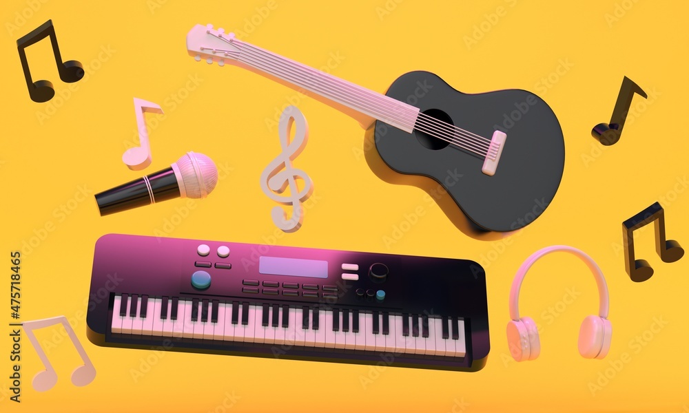 Poster musical instruments and notes on an orange background. 3d rendering