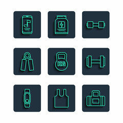 Set line Smartwatch, Sleeveless T-shirt, Sport bag, Dumbbell, Kettlebell, expander, Music player and icon. Vector