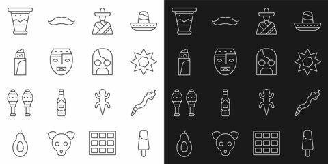 Set line Popsicle ice cream, Snake, Sun, Mexican man sombrero, Aztec mask, Burrito, drum and wrestler icon. Vector