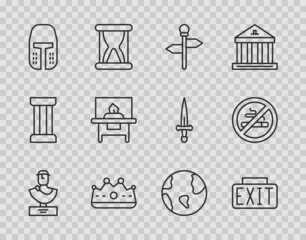 Set line Ancient bust sculpture, Exit sign, Road traffic signpost, King crown, Medieval iron helmet, Glass showcase for exhibit, Earth globe and No Smoking icon. Vector