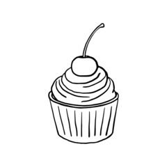 vector doodle cupcake icon with cherry, contour drawing isolated