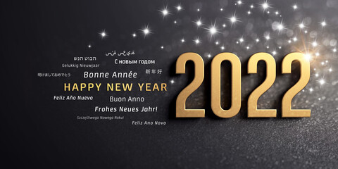Happy New Year greetings and 2021 date number, colored in gold, on a festive black background, with glitters and stars © mozZz