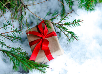 Obraz na płótnie Canvas A gift tied with a red ribbon lying in the snow under the branches of a fir tree