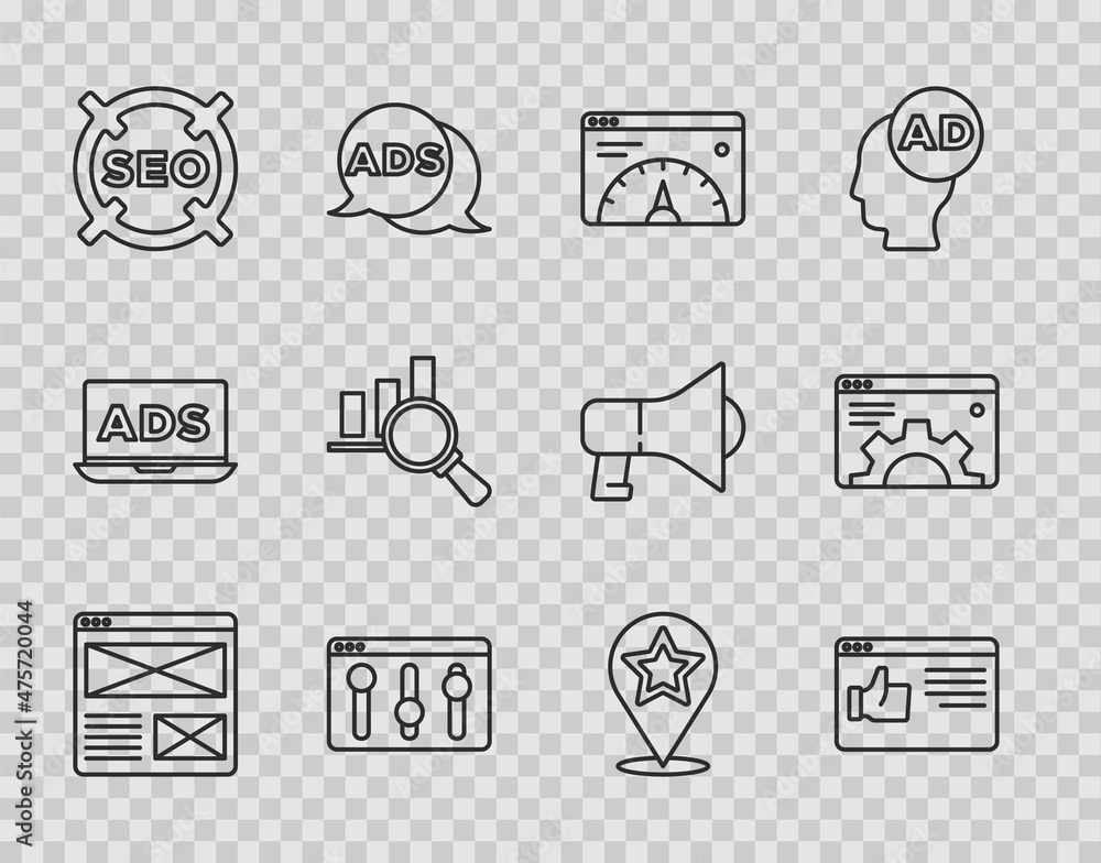 Poster set line browser window, website statistic, setting, seo optimization, magnifying glass and analysis