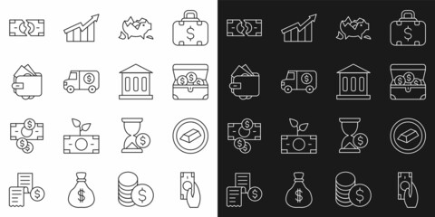 Set line Fast payments, Gold bars, Treasure chest, Broken piggy bank, Armored truck, Wallet with money, Tearing banknote and Bank building icon. Vector