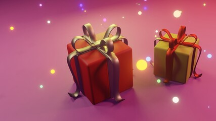 3D illustration of a red and yellow assorted gift box with multicolored glowing snow. On a background of purple tones mixed with bright tones.