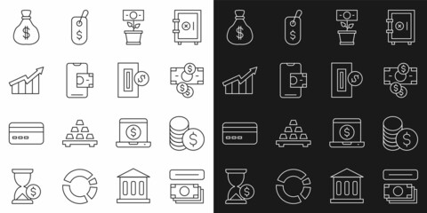 Set line ATM and money, Coin with dollar, Stacks paper cash, Money plant the pot, Mobile banking, Financial growth increase, bag and Inserting coin icon. Vector