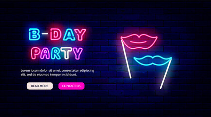 Birthday party neon landing page template. Masquerade mustache and lips. Celebration flyer. Vector stock illustration