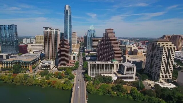 Aerial Flying Over Austin, Texas, Downtown, Colorado River